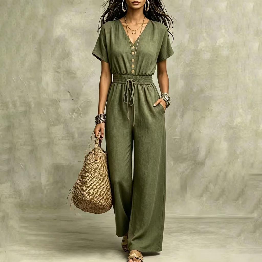 Women's V Neck Button Front Waist Belted Jumpsuit for Casual Wear