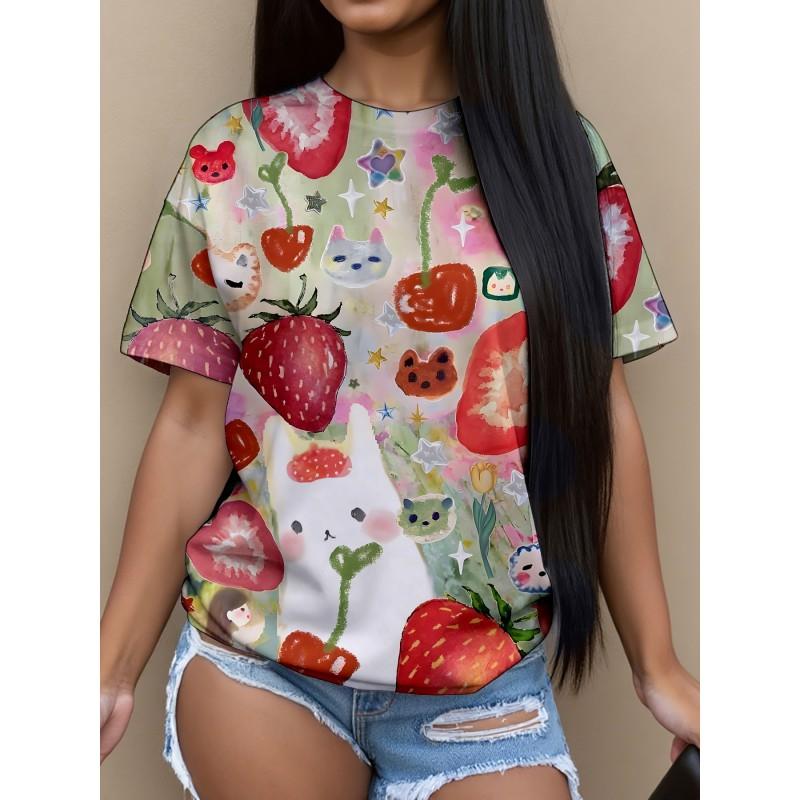 Womens Casual Round Neck Short Sleeve T-Shirt With Butterfly Print Loose Fit 2025