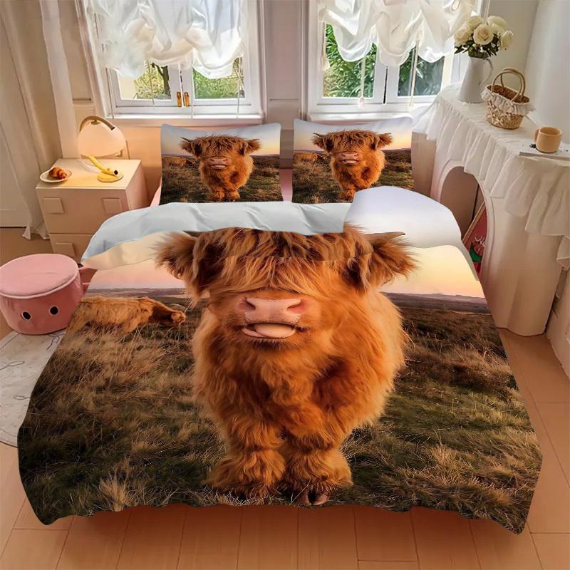 3pcs Highland Cow Bedding Set - Includes One Quilt Cover and Two Pillowcases (No Core) - Home Decor, Festival Gift, Polyester Fabric, Anime