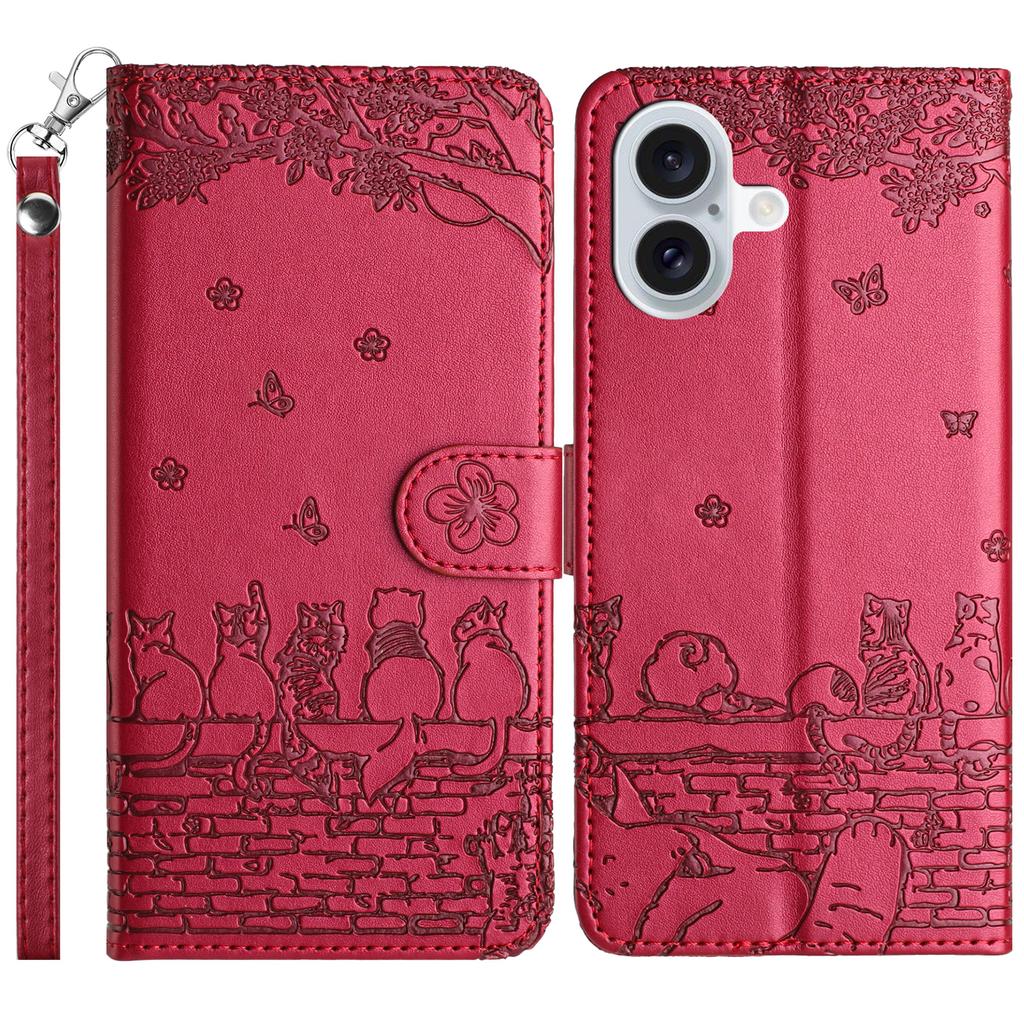 For iPhone 16 Case with Wrist Strap Leather Phone Cover Wall Cats Pattern