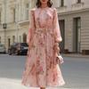 Women's High Neck Long Sleeve Floral Print Midi Dress High Waist Belted Elegant Casual Dress