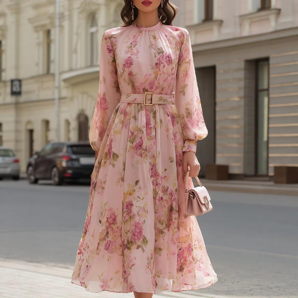 Women's High Neck Long Sleeve Floral Print Midi Dress High Waist Belted Elegant Casual Dress
