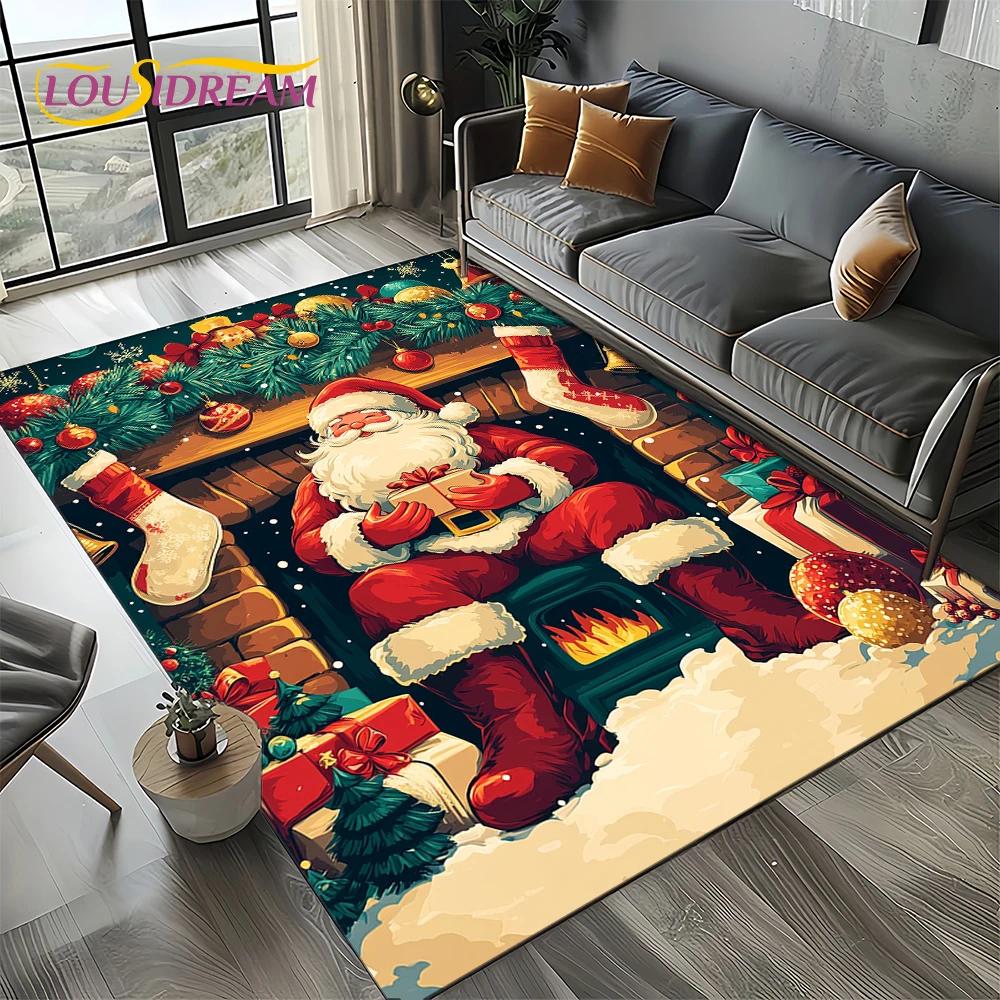 2025 Merry Christmas Tree Santa Claus,New Year Fairy Tale Gift Carpet Rug for Home Bedroom Sofa Doormat Decor,Non-slip Floor Mat