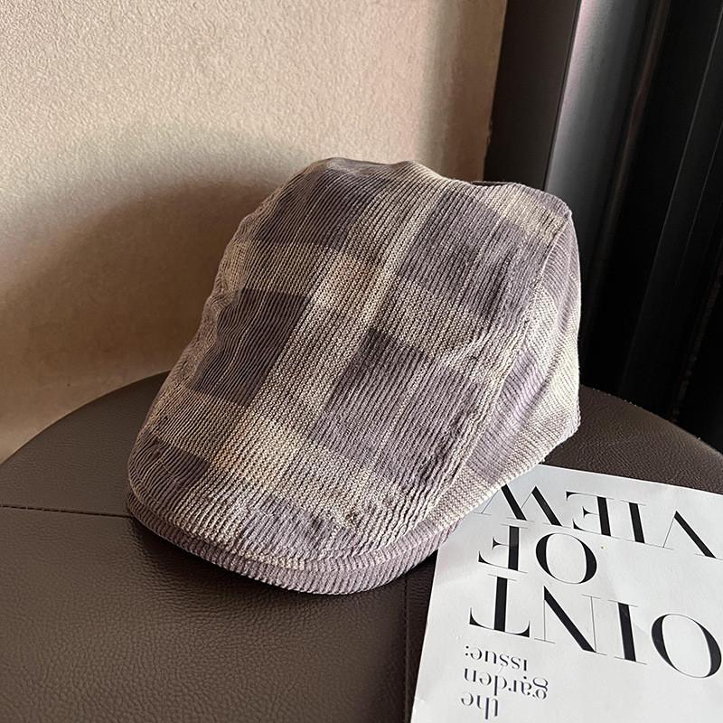 Vintage Style Corduroy Plaid Beret With Sun Shade And Warmth For Urban Fashion Enthusiasts