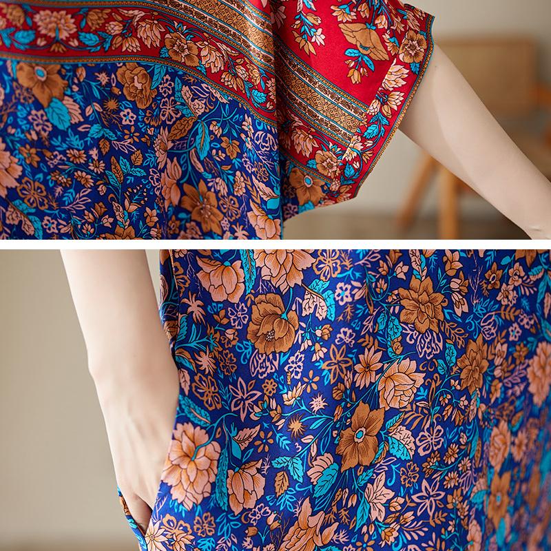 Sommer V-Ausschnitt Dünn Übergröße Locker Literarischer Urlaubsstil Strandkleid Vintage Lange Kleider