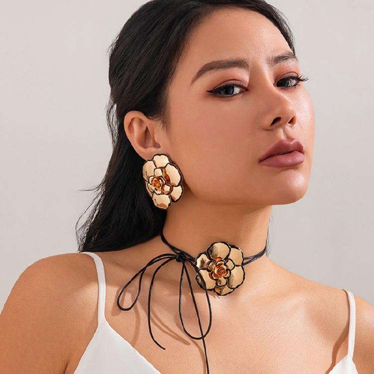 Metal Drops Oil Oversized Flower Studs Earrings/Necklace Exaggerated 3D Dimensional Floral Accessories Jewelry