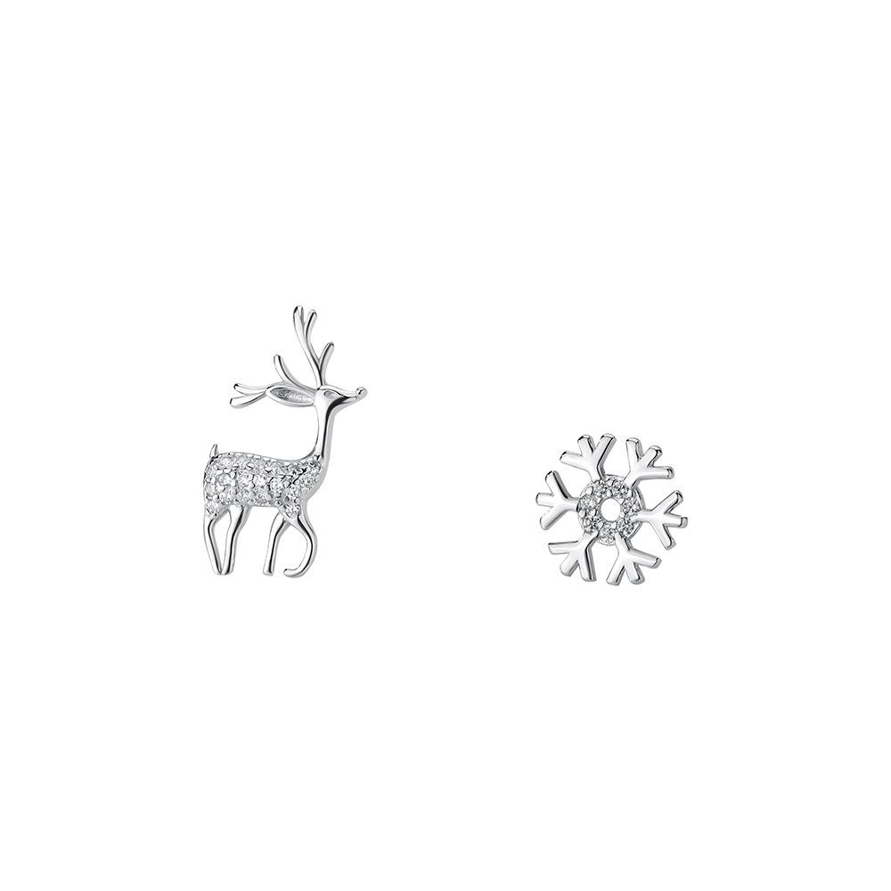 Korean Temperament Pavé Zircon Deer Snowflake Asymmetrical Earring for Women Student 925 Sterling Silver Christmas Party Jewelry