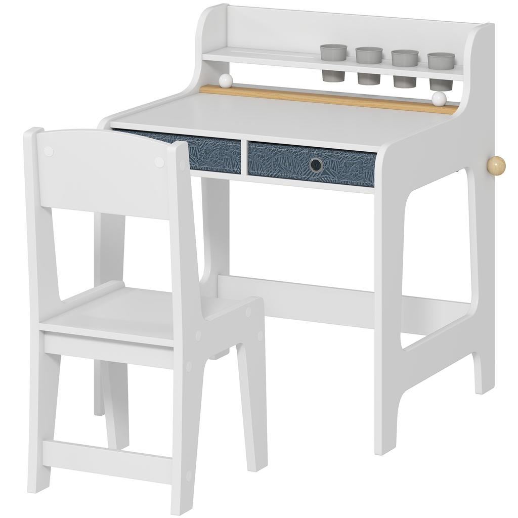 Kids' Desk and Chair Set with Shelf, Cup Holder, Drawers, Wooden for Boys and Girls Bedroom