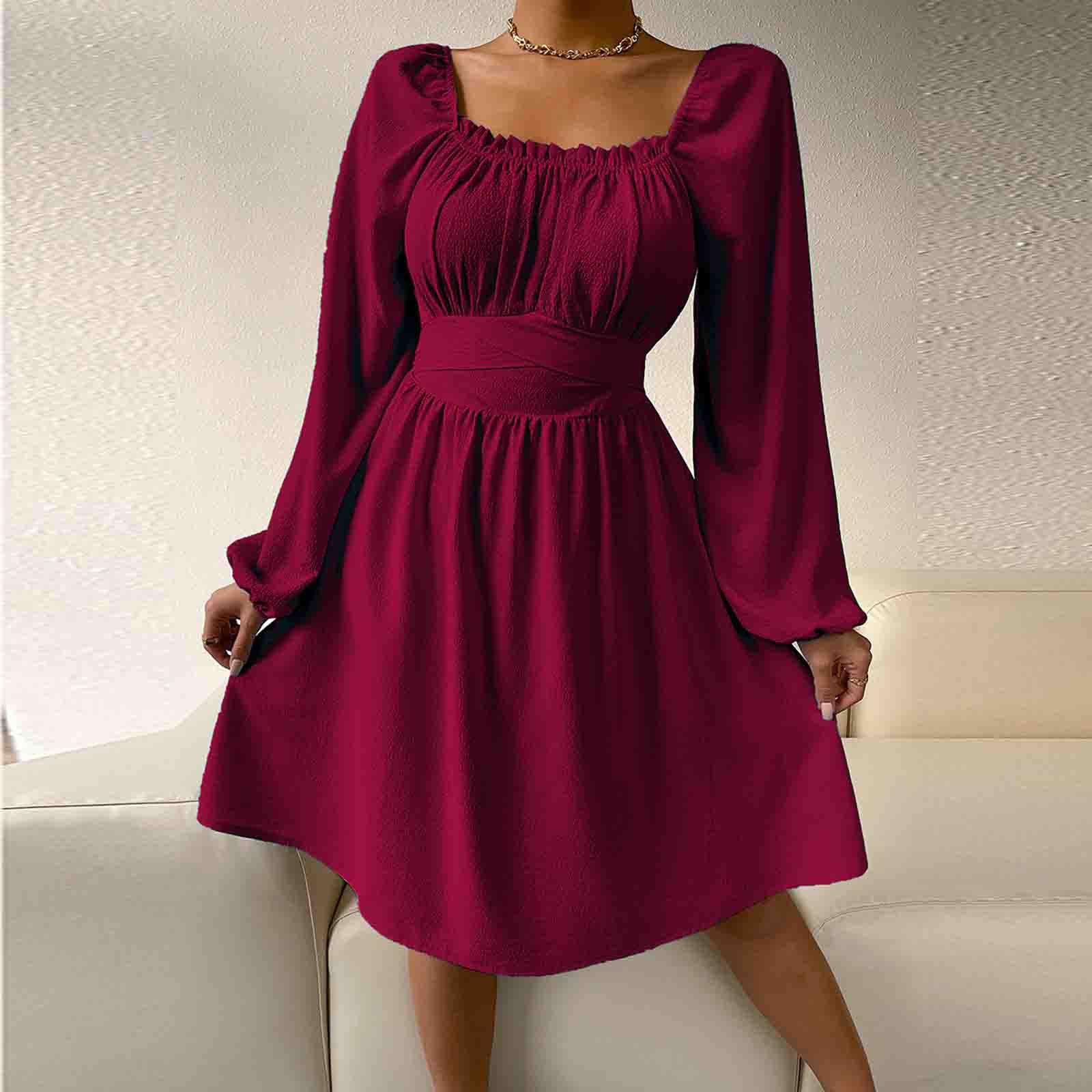 

Women s Fashion Colour Square Neck Long Sleeve High Waist Dress M винний