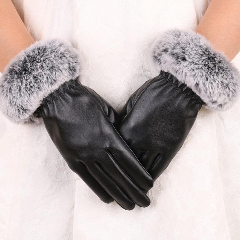 Warm leather gloves fleece thickened women's imitation rabbit fur mouth gloves leather touch screen autumn and winter gloves