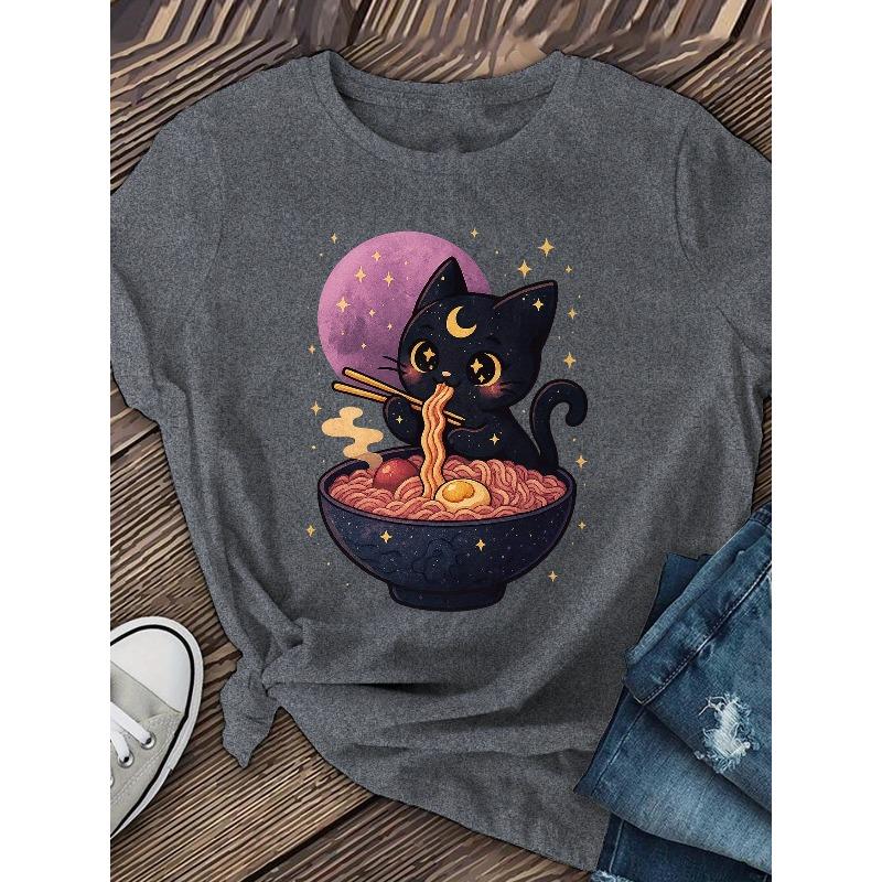 A Cat Lady Eating Ramen, Short-sleeved, Patterned Printed Round-neck T-shirt, Casual Short-sleeved T-shirt, Women's Clothing