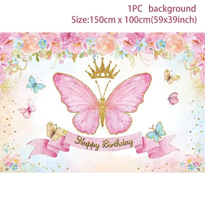 Pink Butterfly Backdrop Tableware Butterfly Birthday Party Decoration For Girl DIY Gift Butterflies Background Baby Shower Decor