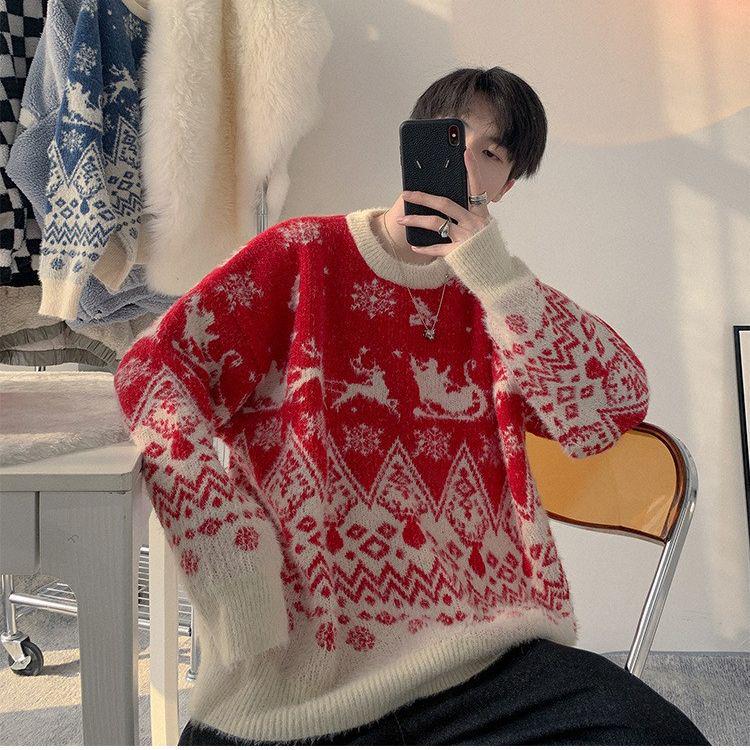 

Men s Christmas Sweater: Loose, Lazy Style Knitted Pullover, Autumn/Winter Trendy All-Match Round Neck Sweater Extra Large червоний