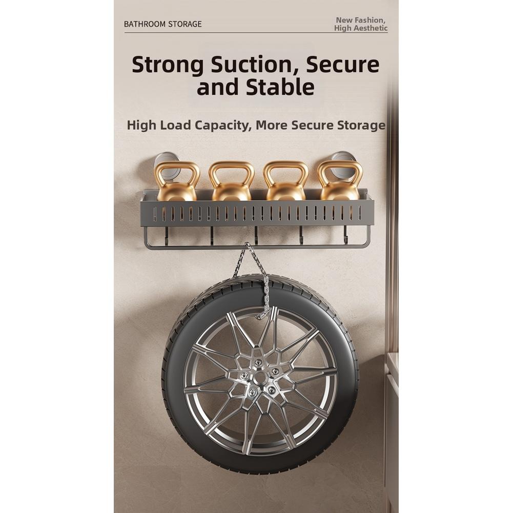 Multi Tier Suction Cup Shower Shelf with Hooks and Towel Rack for Efficient Bathroom Storage Rust Resistant Finish