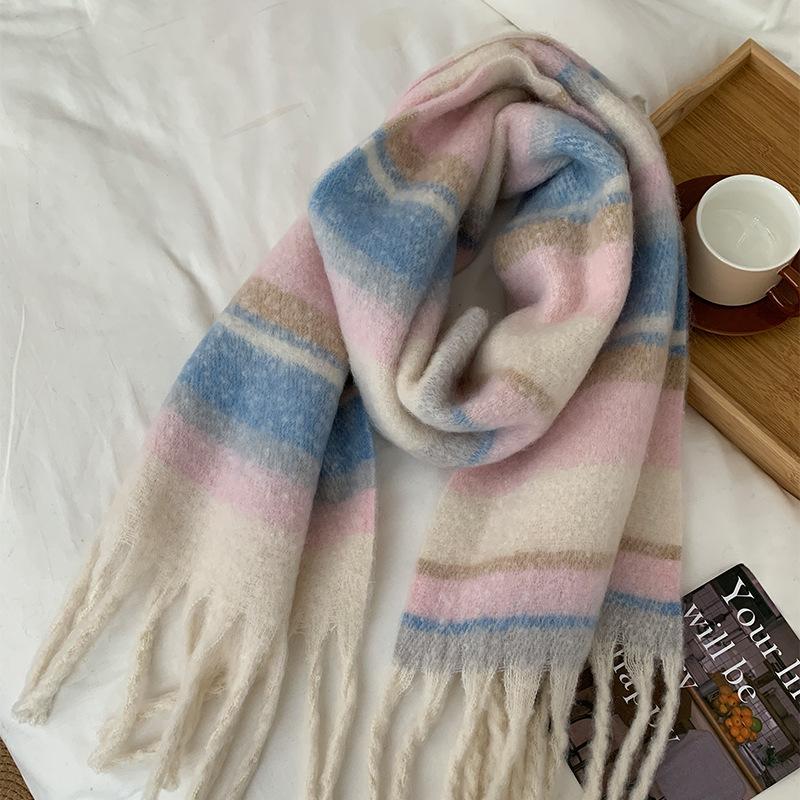 New Contrasting Color Striped Mohair Scarf Women's Autumn and Winter Thickened Warm Student Versatile Fringed Scarf
