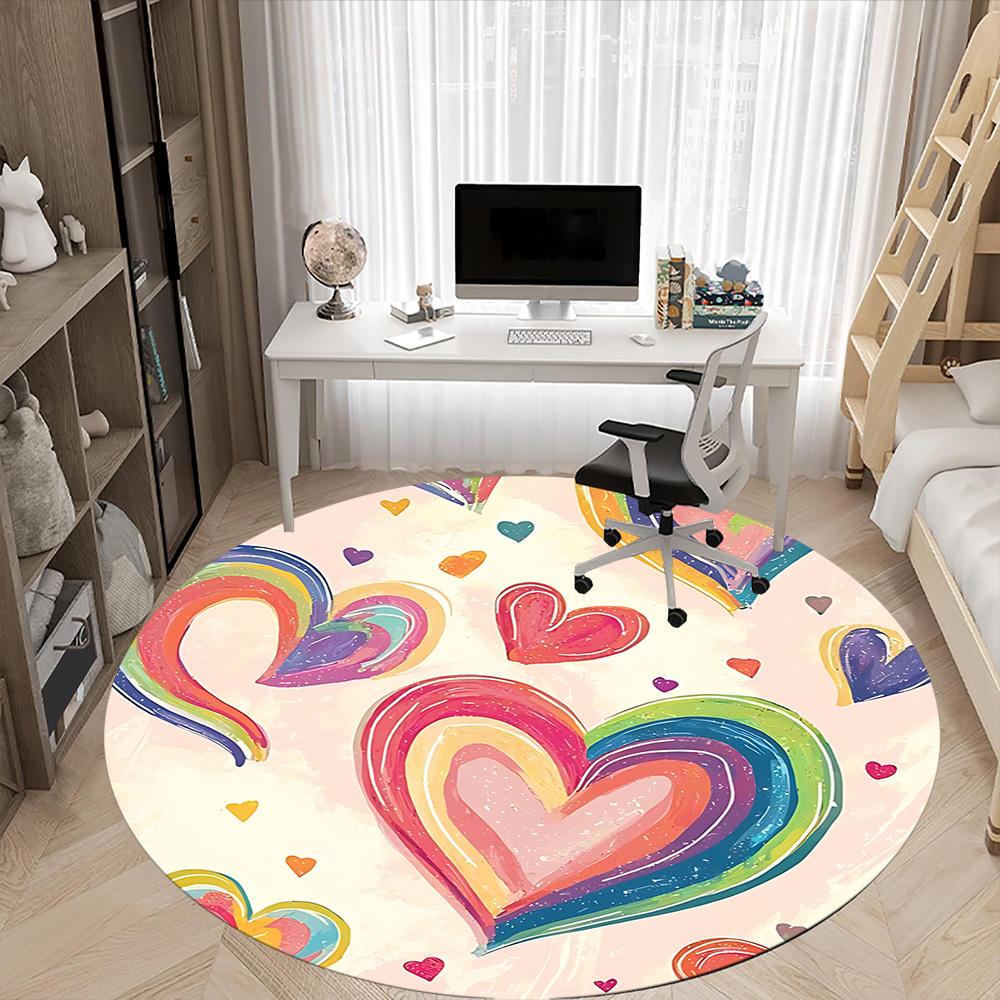 1pc Rainbow Hearts Decor Office Round Rug, Non-slip, Soft and Durable Office Rug for Interior Decoration, Perfect for Office, Beautiful Decoration Yy2