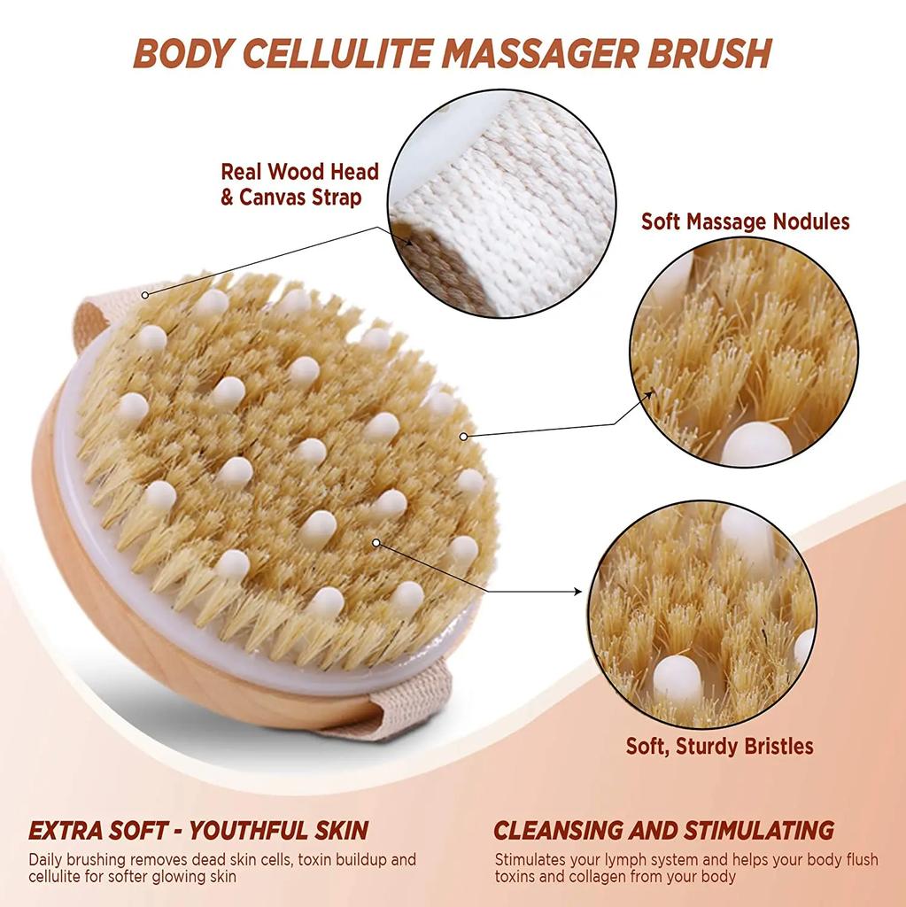 Wet Dry Skin Body Brush Natural Pig Bristles Dry Skin Exfoliating Body Massage Cleaning SPA Tool For Cellulite Lymphatic Drainag