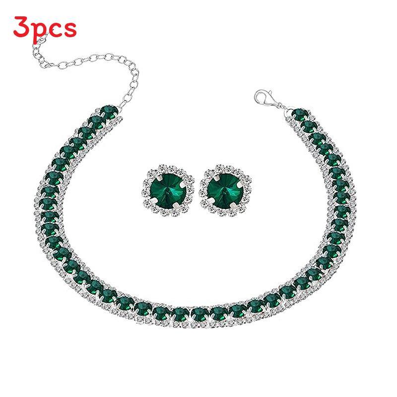 

Geometric Diamond Necklace And Earring Set For Women With Water Drill Sparkle For Elegant Wear зелений