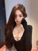 Women's Black Lace Splicing V-Neck Open-Back Long-Sleeve Top for Autumn/Winter