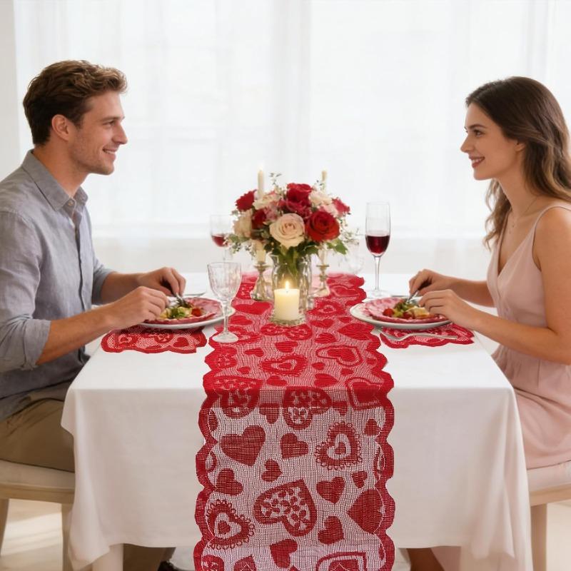 Valentine's Day Table Runner Placemat - Heart Lace Table Cloth Heat Insulation Pad for Romantic Holiday Party Dining Table