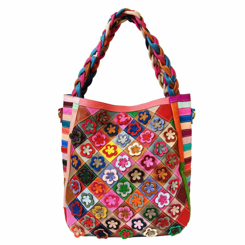 Damska skórzana torba ręcznie robiona z kwiatowym łączeniem diamentów, skórzana torba na ramię o dużej pojemności