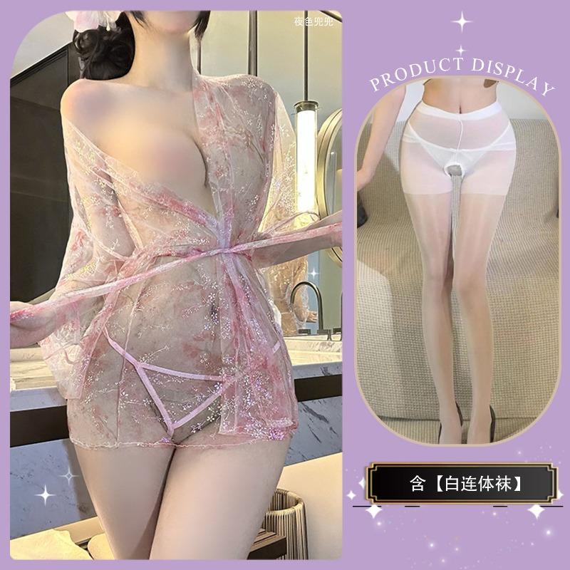 Sexy Lingerie Collar Bathrobe One-word See-through Blouse Sexy Pajamas Bronzing Print Cardigan and Clothing