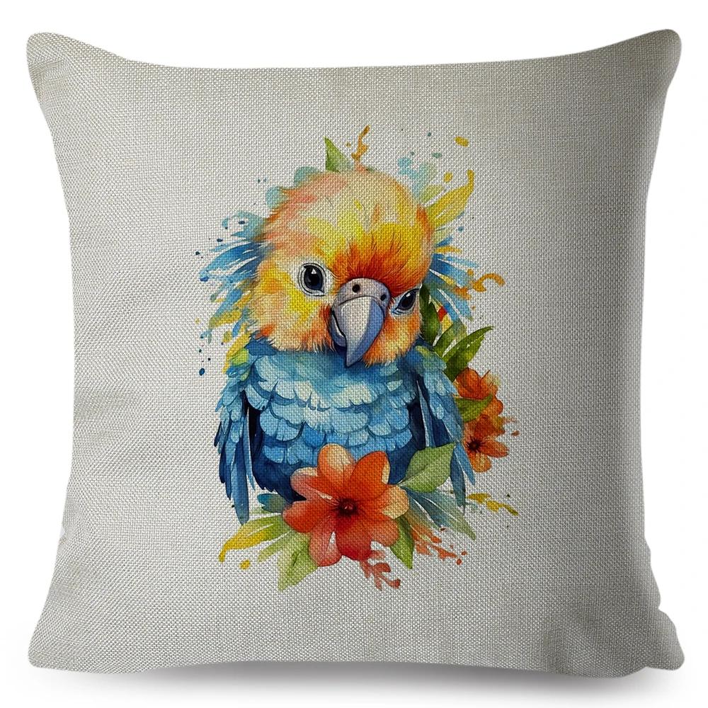 Federa Cuscino Doppia Stampa Cartoon Uccello Pittura ad Acquerello per Decorazione Divano Casa Bella Pappagallo Animale Federa Cuscino Copricuscino in Lino
