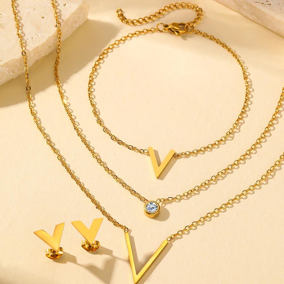 ZAKOL 3 Pcs Simple Stainless Steel Zircon Set Christian Cross V Letter Charm Earring Necklace Bracelet Accessories Zircon Gift