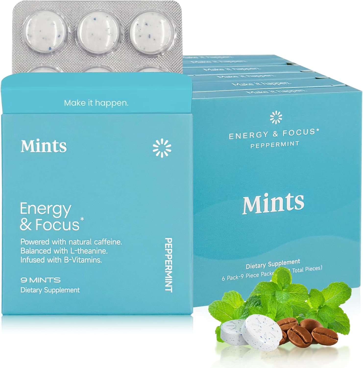 

Energy Mints with Natural Caffeine and Vitamin B - Sugar Free, Gluten Free, Vegan - Refreshing Mint Flavor (54 Pieces)