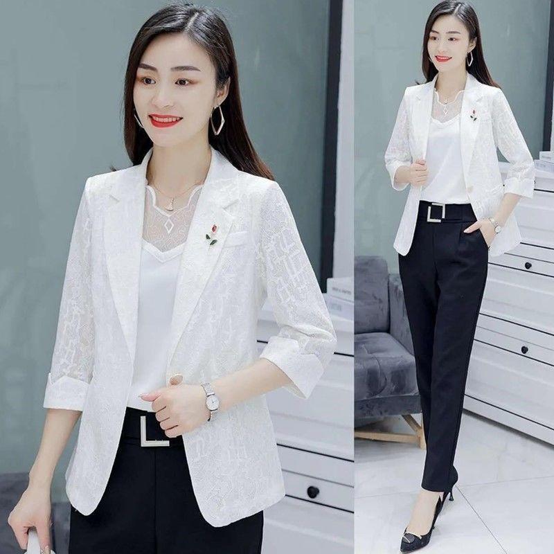 Three Quarter Sleeve Solid Color Patchwork Notched Lace Button Blazers Spring Autumn Thin Office Lady Women's Clothing Formal