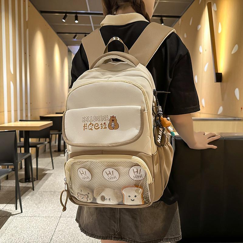 Capybara Color Blocked Letter Print Student Backpack With Pendant Badge And