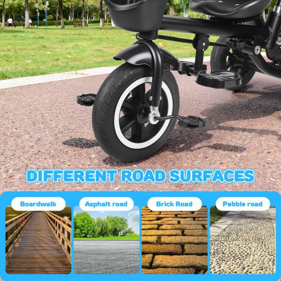 Toddler Tricycle Children Trike Kids with Adjustable Push Handle Removable Canopy Safety Harness Child Music Headlight Storage Basket,