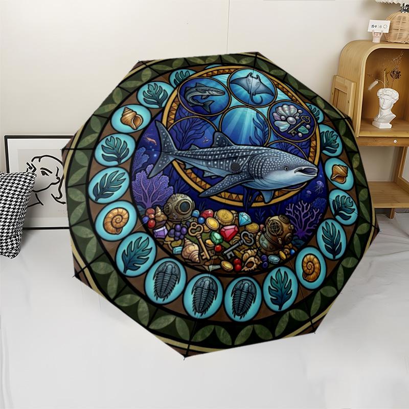 Ocean Life Glass Pattern Umbrella, Portable and Foldable Design, 8 Ribs, a Casual Accessory for Halloween, Christmas, and Birthday Gifts.