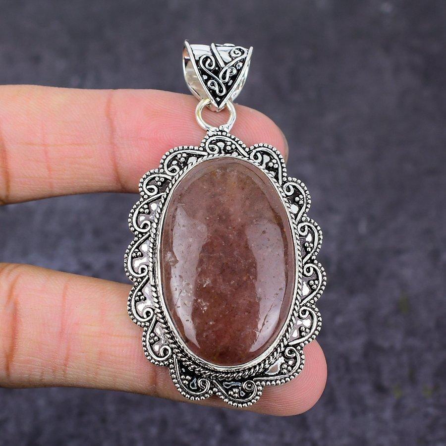 Strawberry Quartz Gemstone Handmade 925 Sterling Silver Gift Pendant 2.56" H2v80