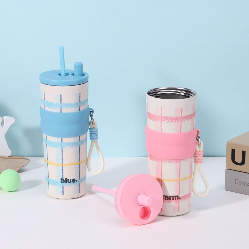 Print Plaid Letter Large Capacity Stainless Steel Insulated Cup With Straw