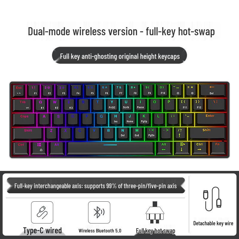 Dual-Mode 61-Key Wireless/Wired Mechanical Keyboard - Compact, Portable, Silent Gaming/Office Design for Girls