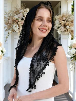2026 New Women's Triangle Scarf Solid Color Lace Hollow Out Veil Muslim Church Round Headcloth Islam Wedding Mantilla Turban