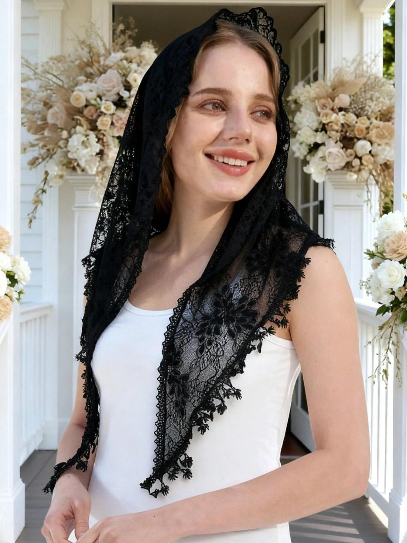 

2026 New Women s Triangle Scarf Solid Color Lace Hollow Out Veil Muslim Church Round Headcloth Islam Wedding Mantilla Turban 145x50CM