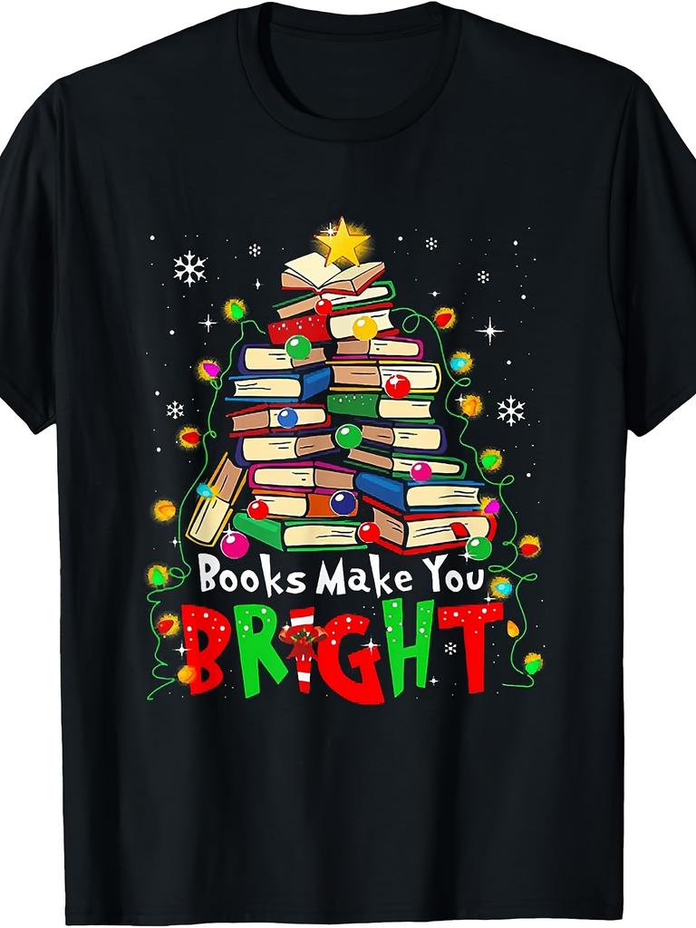 Books Make You Bright Christmas Librarian Book Lover TShirtRetro Casual Crew Neck Printed T-Shirt