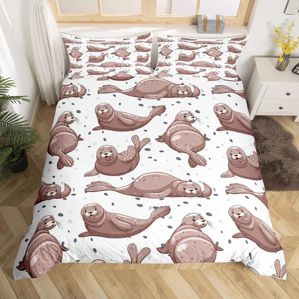 3D Sea Lion Duvet Cover King/Queen Size,Cute Cartoon Sea Lion Sleeping Print Bedding Set for Kids Boys,ocean Animals Quilt Cover