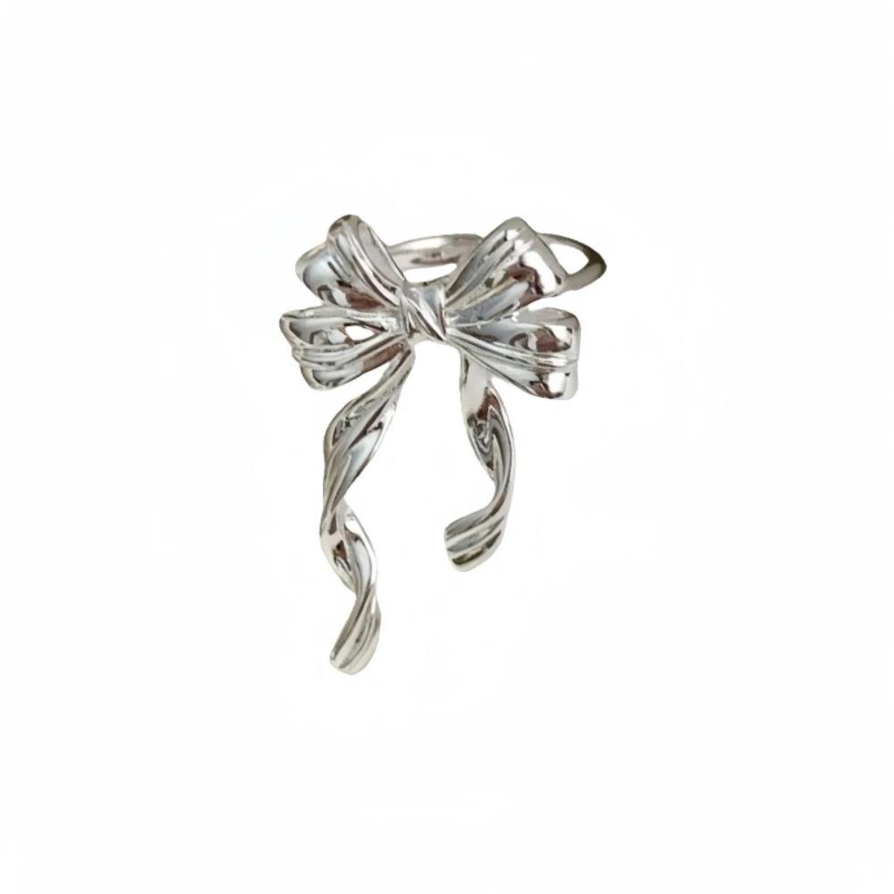 Geometric Design Tassel Bowknot Rings Silver Color Adjustable Bow Ring Fine Jewelry Ring  For Girls Bow