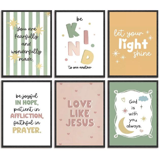 6Pcs Colorful Bible Verse Canvas Wall Art Christian Girls Education Posters Prints Children's Bible Pirational Quote Wall Decor Pictures for Nursery