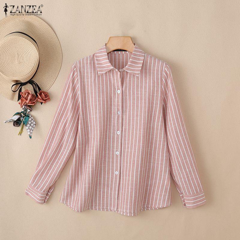 ZANZEA Camicetta casual da donna a righe a maniche lunghe con colletto rovesciato