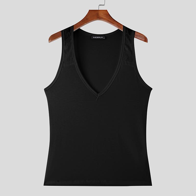 INCERUN Letní pánské tílko s V výstřihem, bez rukávů, s krajkovými ramínky, úzké, ležérní