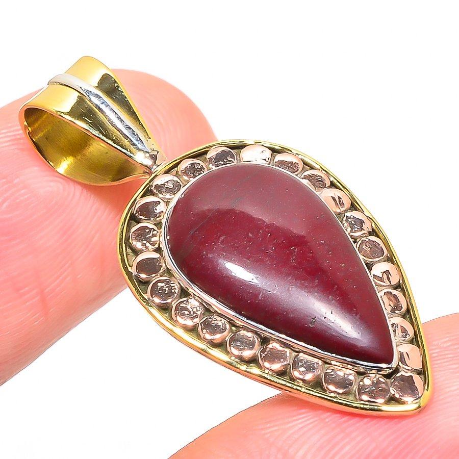 Pierre Gemme Jaspe Rouge Naturel Bicolore Argent Sterling Massif 925 Pendentif 1.50" L2s85