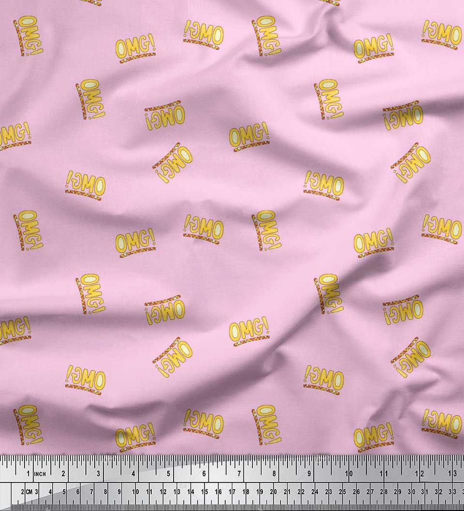 Soimoi Pink Japan Crepe Satin Fabric OMG Text Print Fabric by metre 42 Inch