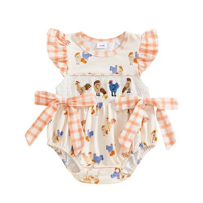 Baby Girls Summer Romper Plaid Chick Print Flying Sleeve Crew Neck Bow Smocked Bodysuit 