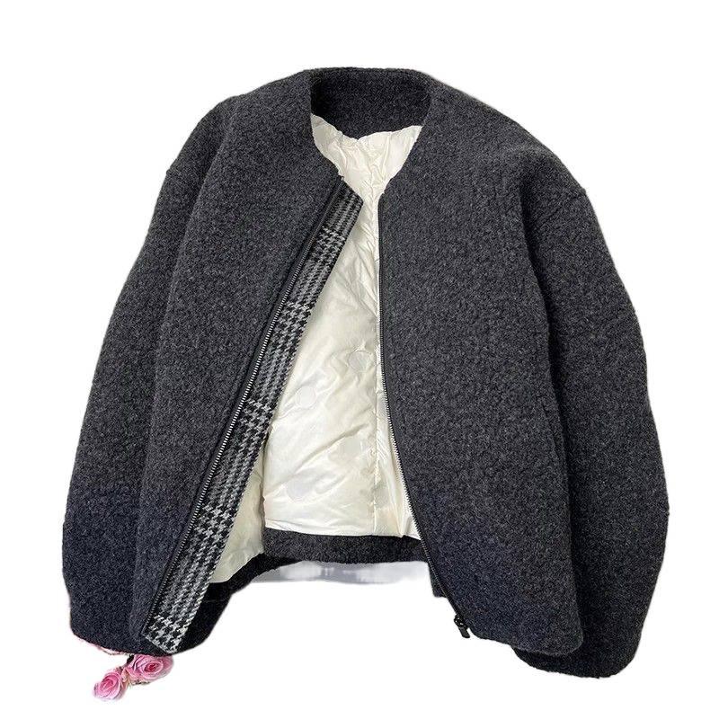 Hochwertige graue gesteppte Baumwolljacke für Damen - Herbst/Winter 2025, Locker, Figurschmeichelnd, Dicke Wolljacke