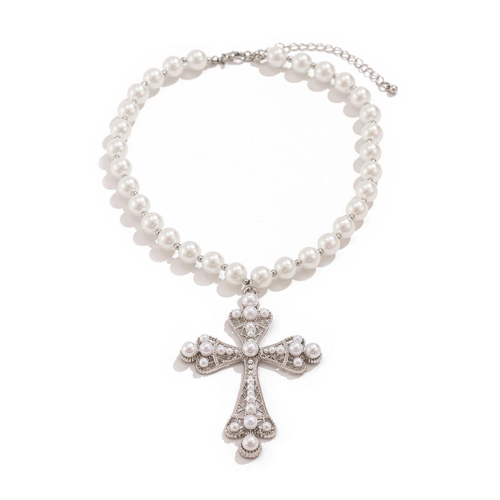 Goth Simulation Pearl Cross Pendant Necklace for Women Y2k Gothic Jewelry Chokers Cross Party Jewelry Gifts