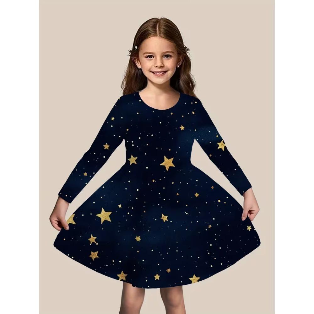 Girls' 3D Moon and Star Dress Long Sleeve Summer Spring Vacation Daily Holiday Princess Beautiful Sweet Kids 4-12 Years Casual Dress A Line Dress